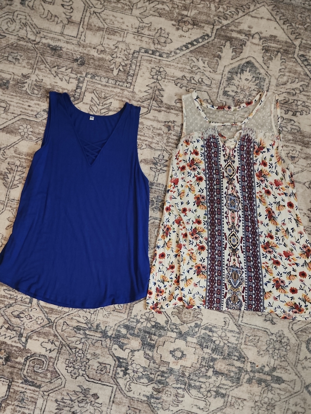 Women's XL 2 Tops, Royal Blue V-Neck Tank And Flower Lace V-Neck Tank